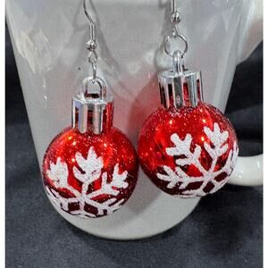 Price Reduced Red Christmas Ornament Snowflake Drop Earrings (New) E161